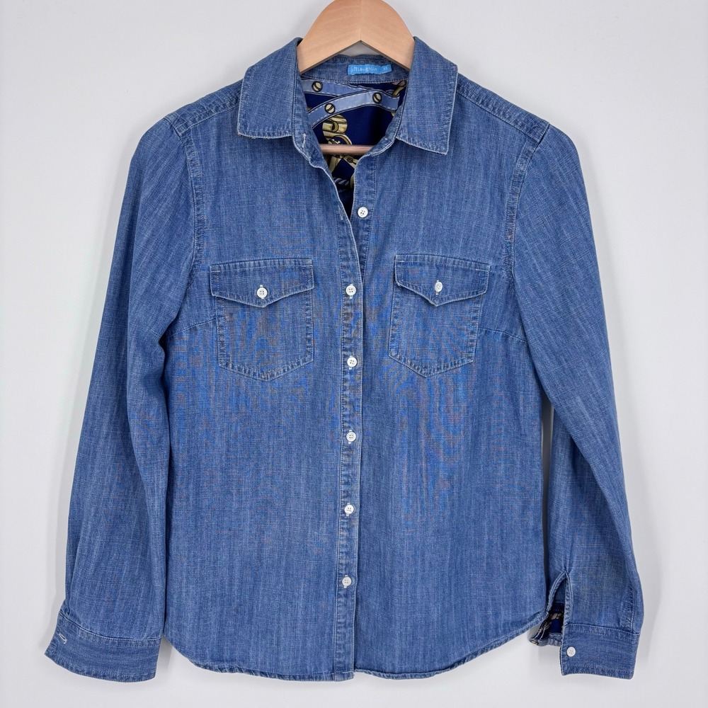 J.McLaughlin Chambray Scarf Trim Button Down Shirt Women XS Blue Denim Blouse